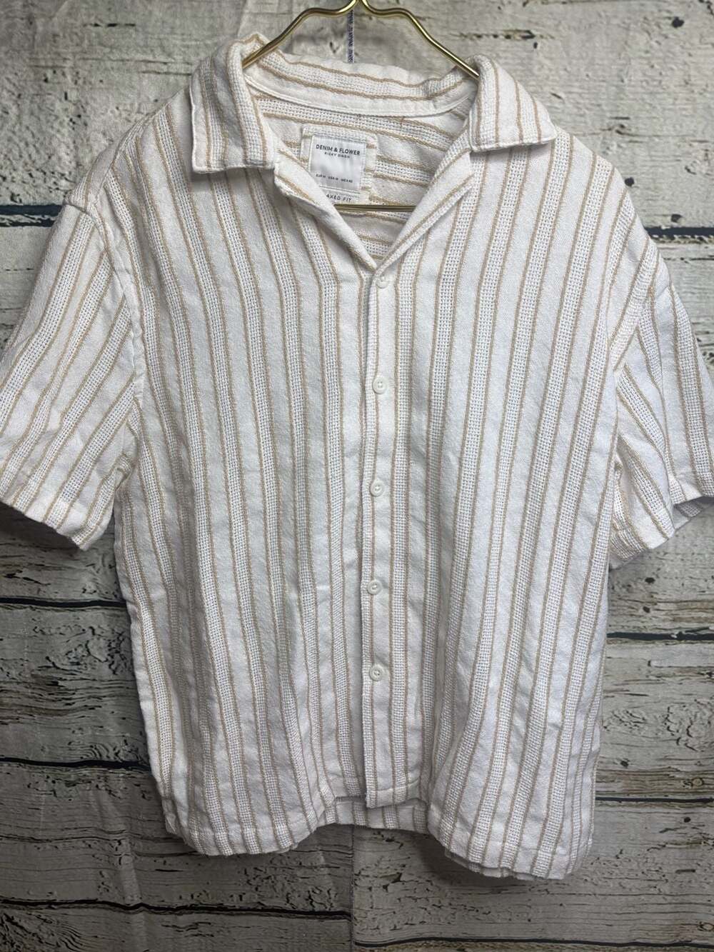 Denim & Flower Medium  Fit Striped Textured Short Sleeve Button-Down Shirt